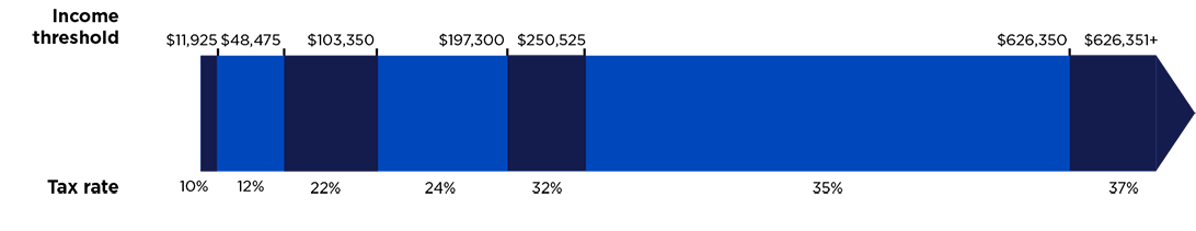 Marginal income tax brackets for 2025 for single filers. Tax rate 10% is $11,925. Tax rate 12% is $48,475. Tax rate 22% is $103,350. Tax rate 24% is $197,300. Tax rate 32% is $250,525. Tax rate 35% is $626,350. Tax rate 37% is $626,351+